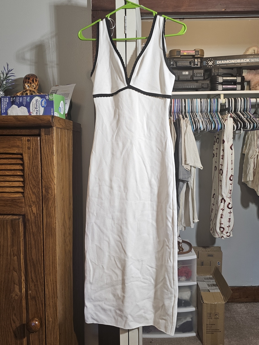 Zara White V-Neck Slip Dress with Black Trim